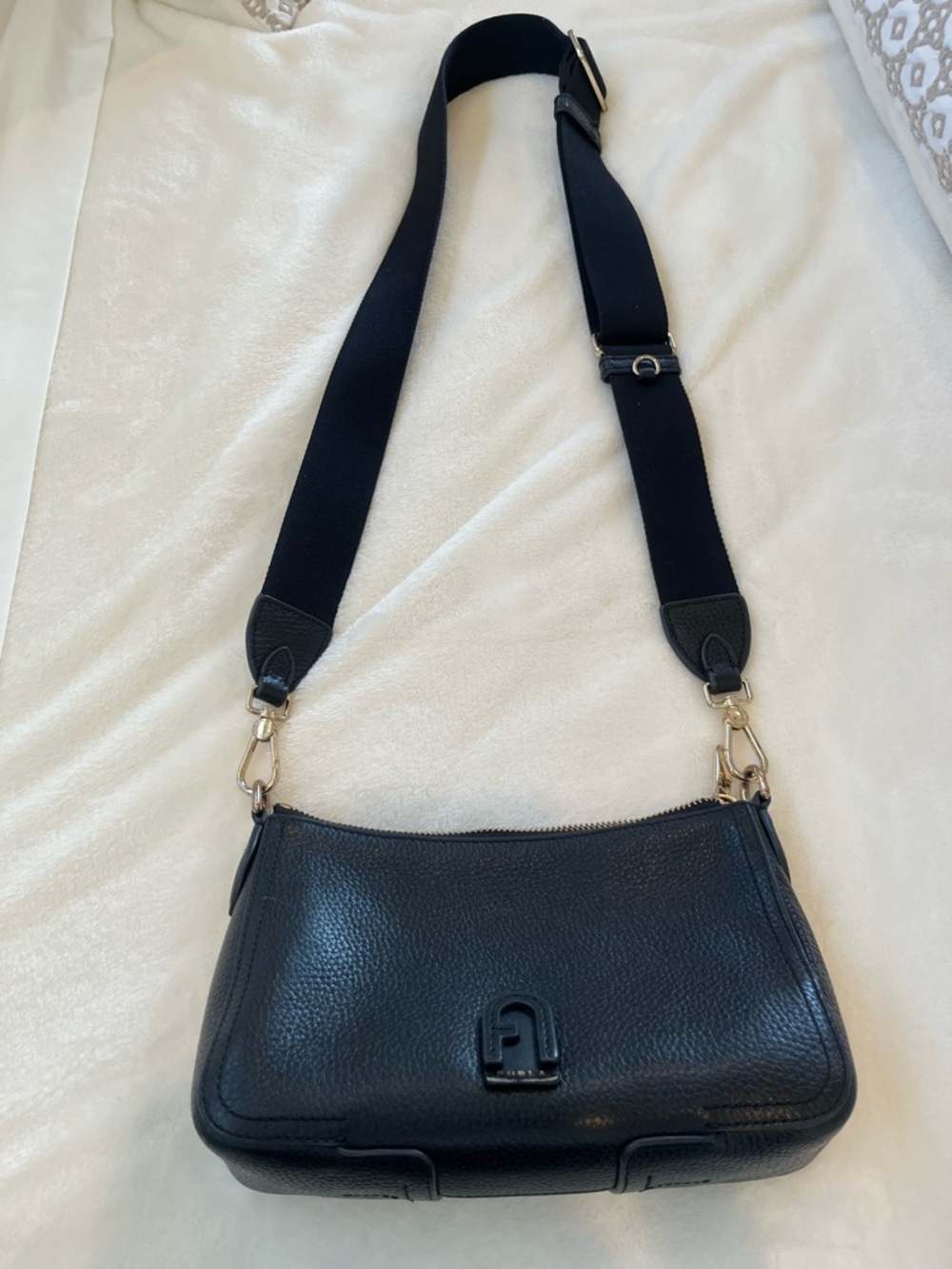 Furla Black Pebbled Leather Crossbody Bag with Wide Strap